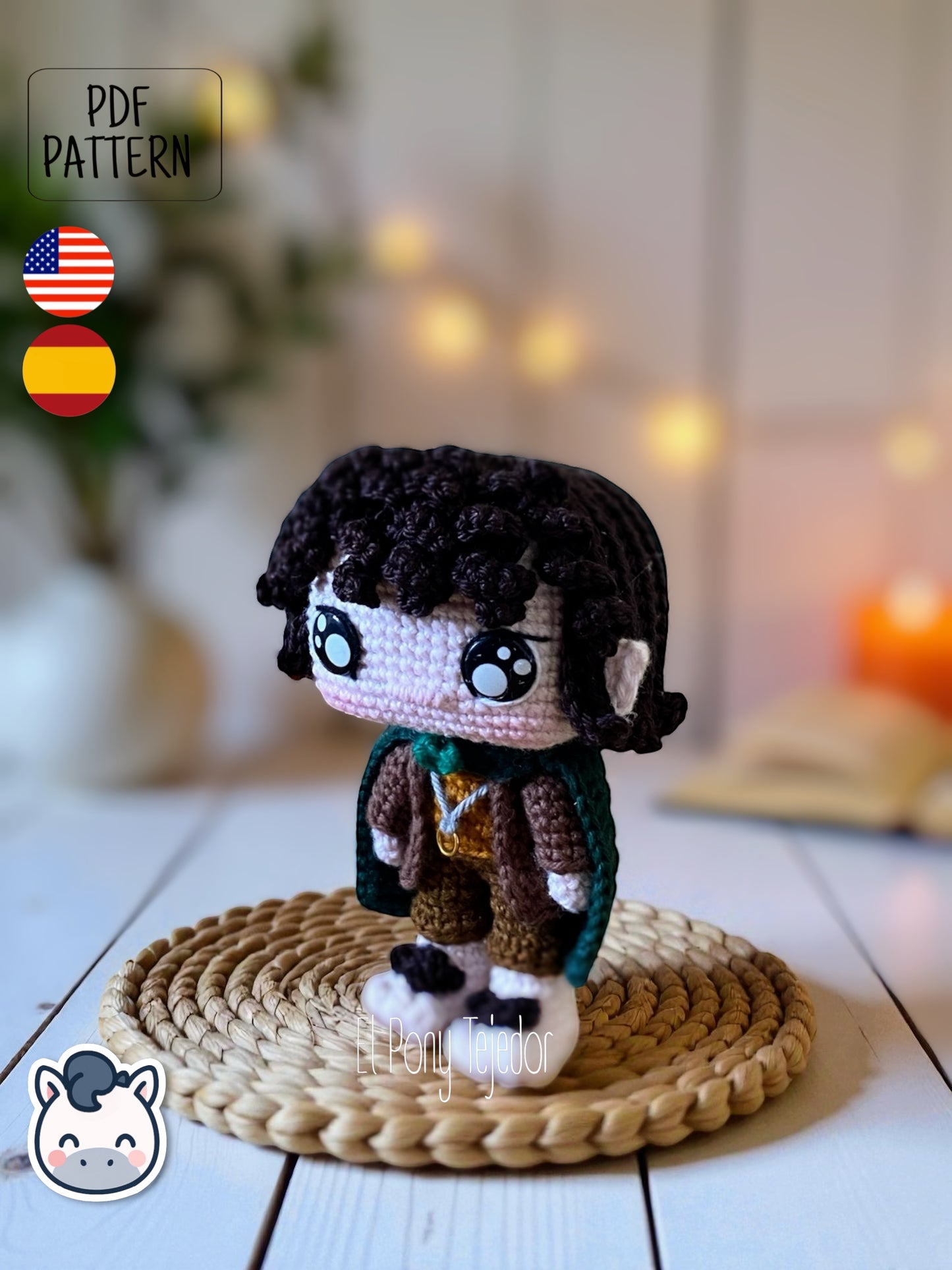 Handmade Frodo amigurumi inspired by J.R.R. Tolkien’s The Lord of the Rings, a perfect pattern for fans of Middle-earth, fantasy adventures, and heroic crochet art.