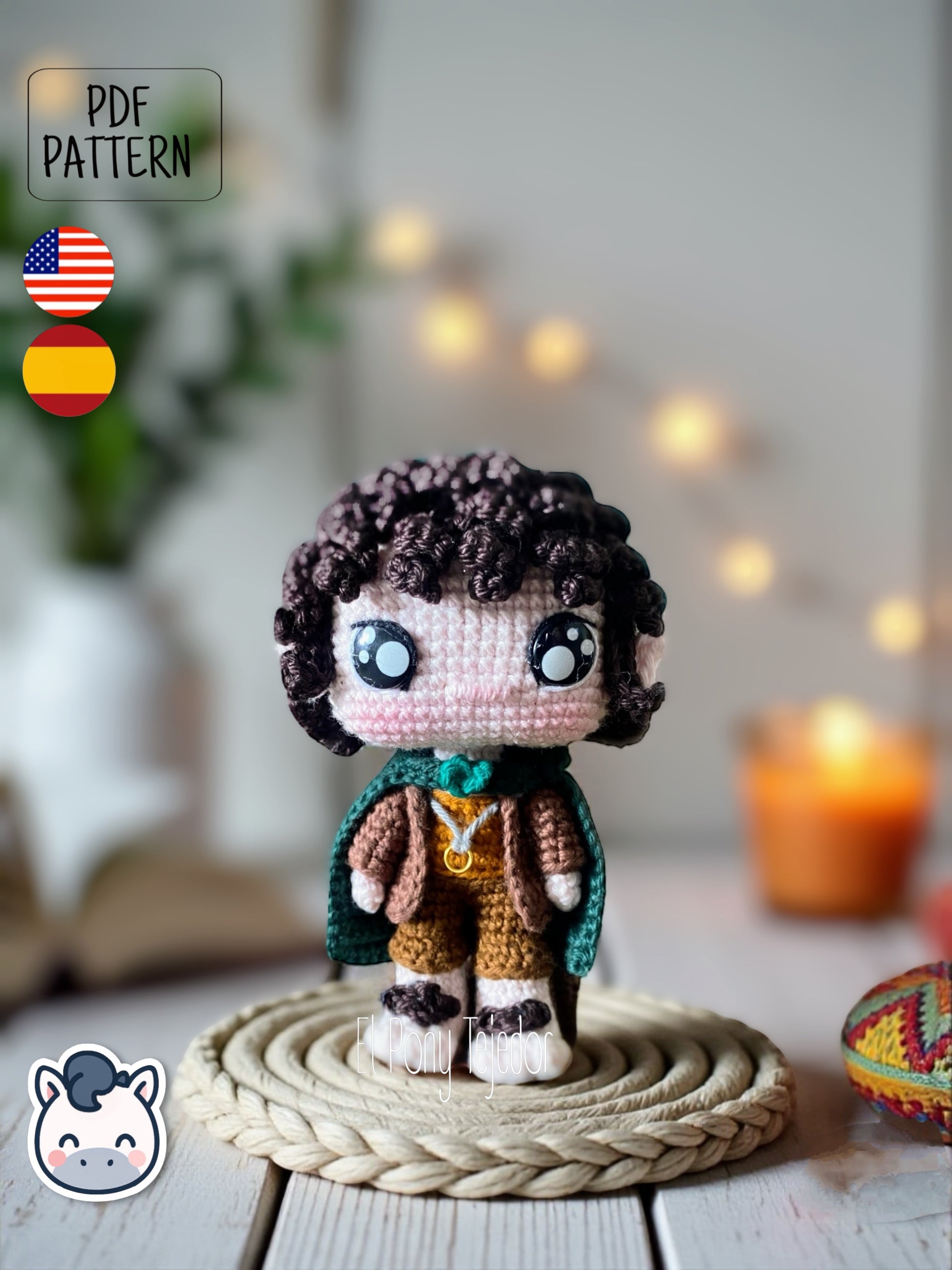 Handmade Frodo amigurumi inspired by J.R.R. Tolkien’s The Lord of the Rings, a perfect pattern for fans of Middle-earth, fantasy adventures, and heroic crochet art.