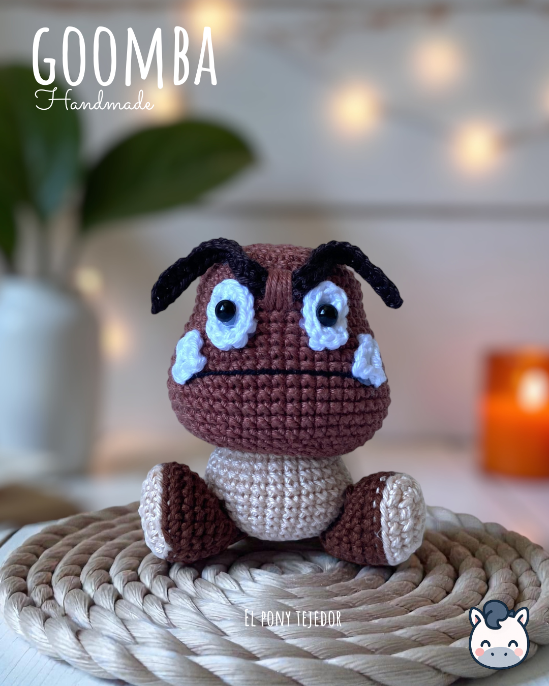 Handmade Goomba amigurumi inspired by Nintendo’s Super Mario Bros, soft crochet plush perfect for Mushroom Kingdom fans and collectors. Artisan plush toy by El Pony Tejedor.