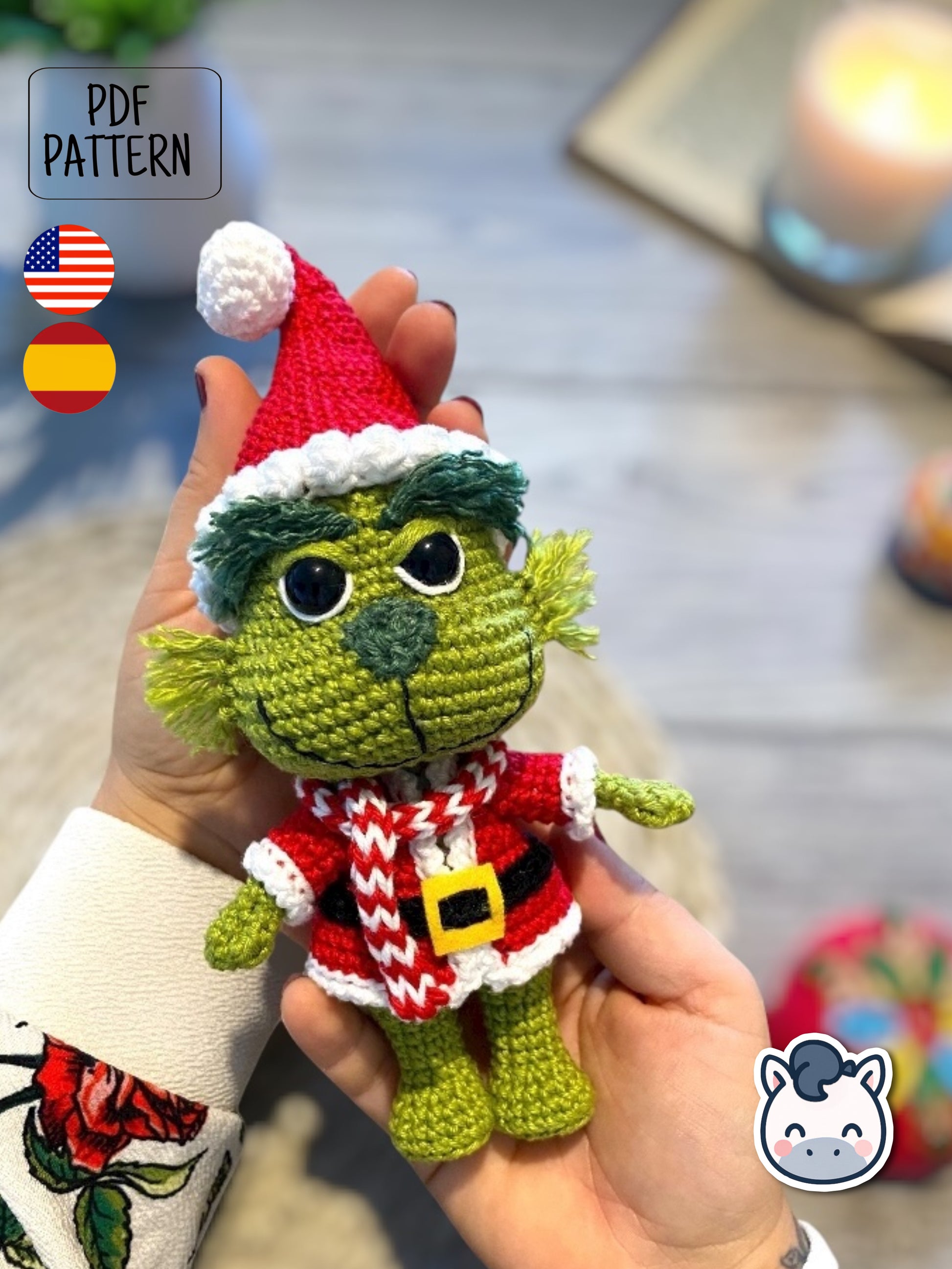 Handmade Grinch amigurumi inspired by Dr. Seuss’s How the Grinch Stole Christmas, a funny Christmas crochet pattern PDF perfect for holiday lovers and geek collectors.