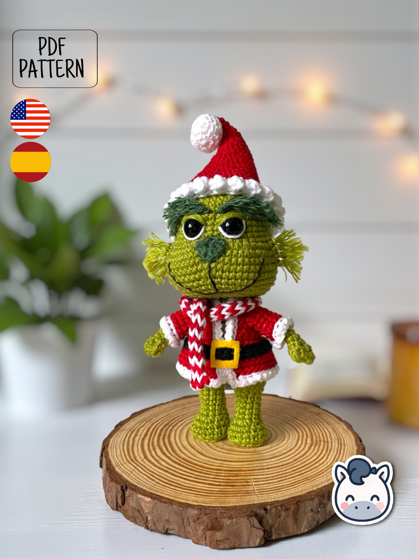 Handmade Grinch amigurumi inspired by Dr. Seuss’s How the Grinch Stole Christmas, a funny Christmas crochet pattern PDF perfect for holiday lovers and geek collectors.