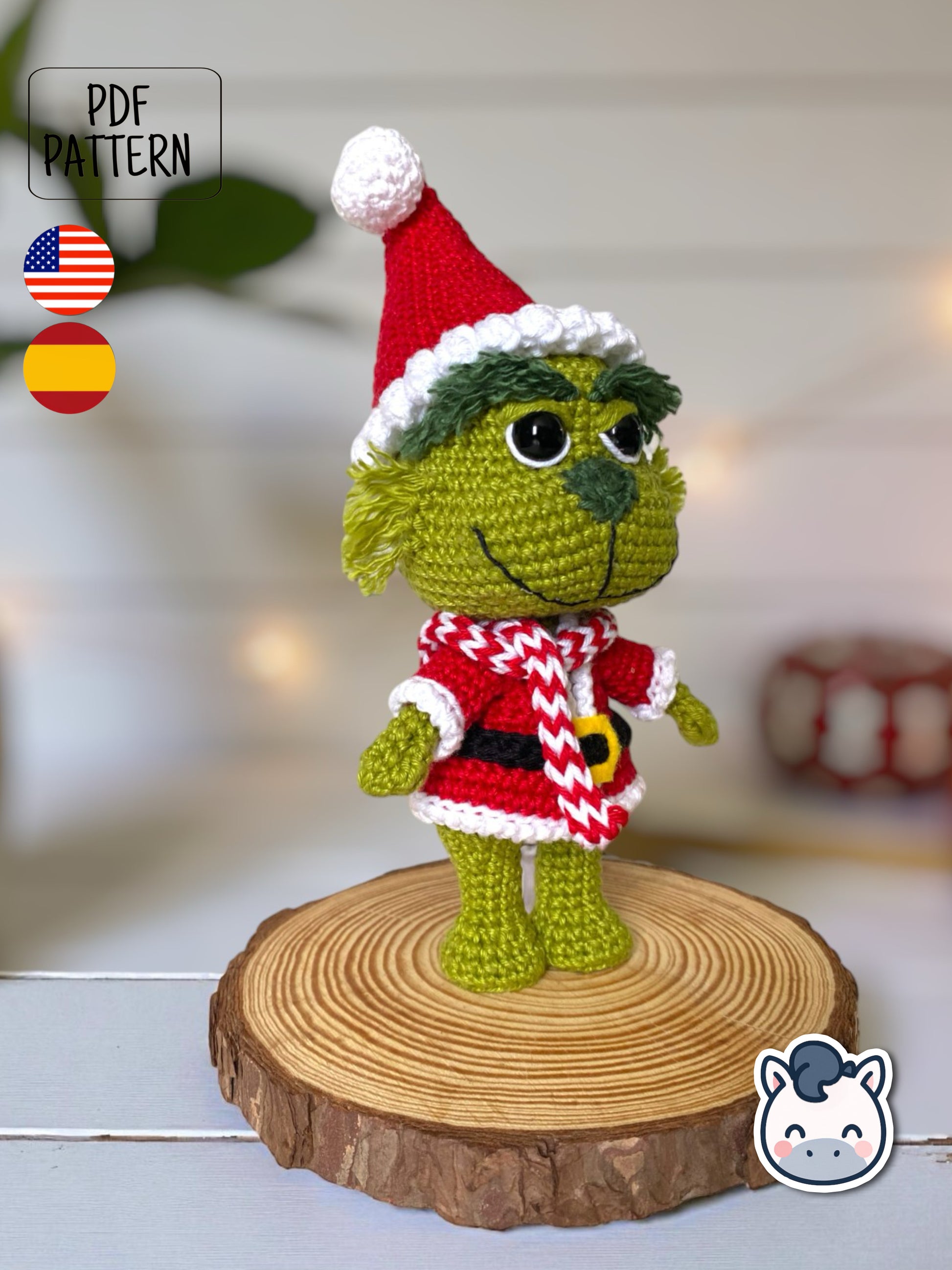 Handmade Grinch amigurumi inspired by Dr. Seuss’s How the Grinch Stole Christmas, a funny Christmas crochet pattern PDF perfect for holiday lovers and geek collectors.