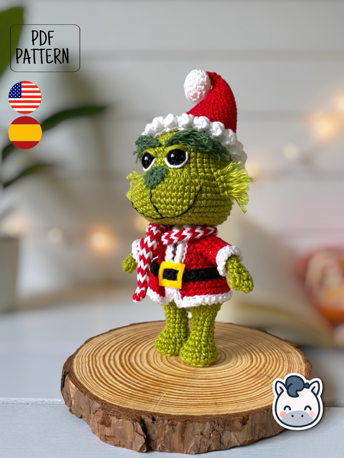 Handmade Grinch amigurumi inspired by Dr. Seuss’s How the Grinch Stole Christmas, a funny Christmas crochet pattern PDF perfect for holiday lovers and geek collectors.
