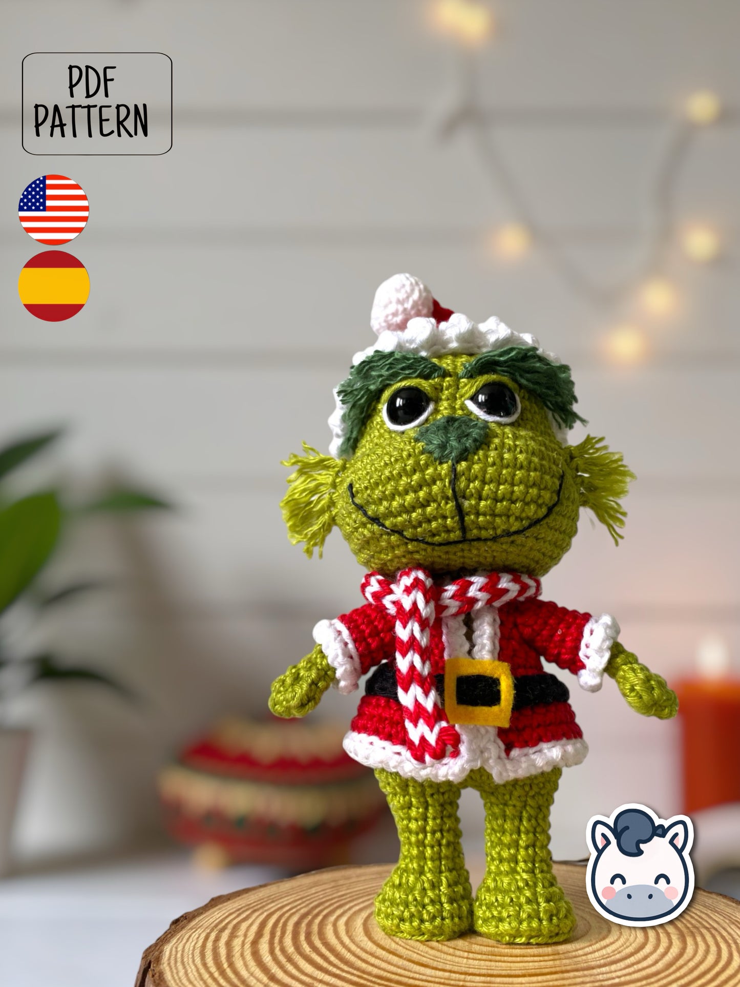 Handmade Grinch amigurumi inspired by Dr. Seuss’s How the Grinch Stole Christmas, a funny Christmas crochet pattern PDF perfect for holiday lovers and geek collectors.