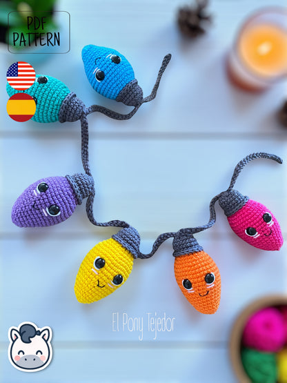Handmade Christmas light string amigurumi inspired by cozy holiday decor, colorful kawaii Christmas crochet pattern PDF.