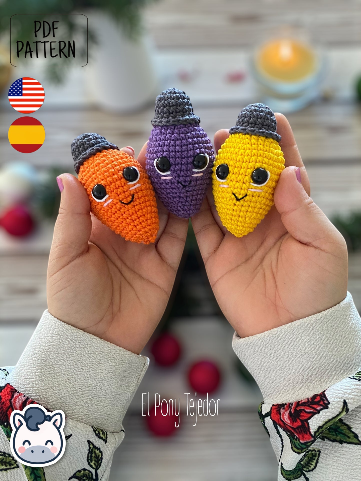 Handmade Christmas light string amigurumi inspired by cozy holiday decor, colorful kawaii Christmas crochet pattern PDF.