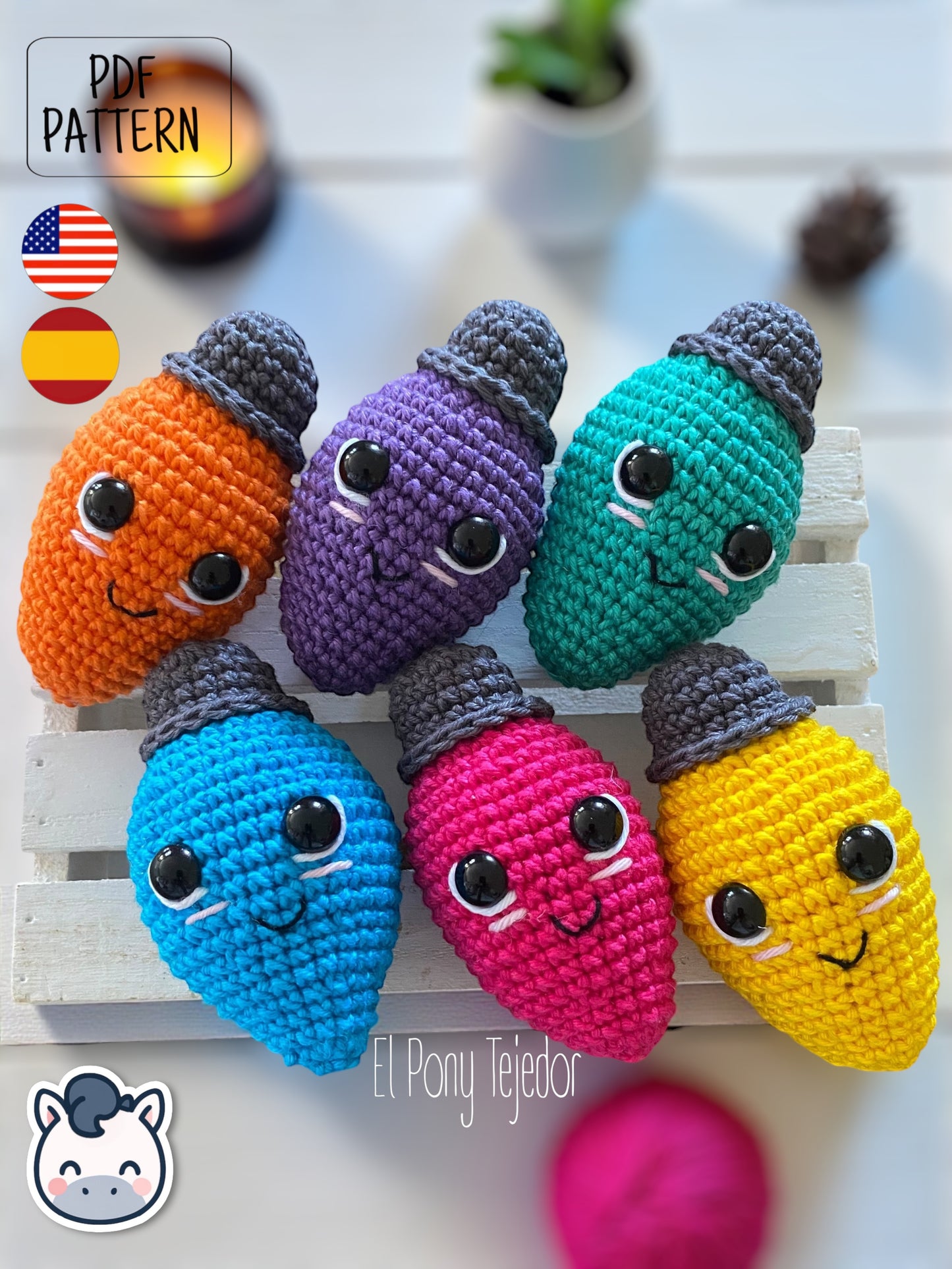 Handmade Christmas light string amigurumi inspired by cozy holiday decor, colorful kawaii Christmas crochet pattern PDF.