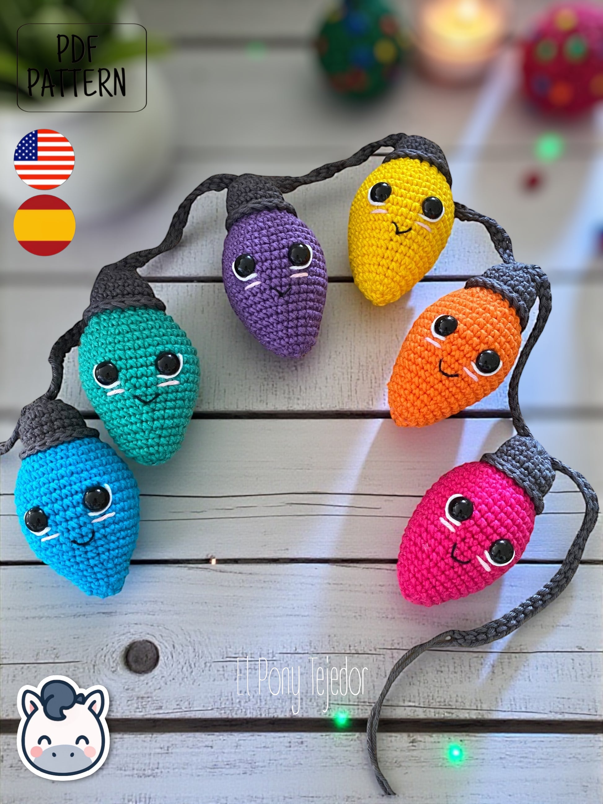 Handmade Christmas light string amigurumi inspired by cozy holiday decor, colorful kawaii Christmas crochet pattern PDF.