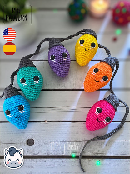 Handmade Christmas light string amigurumi inspired by cozy holiday decor, colorful kawaii Christmas crochet pattern PDF.