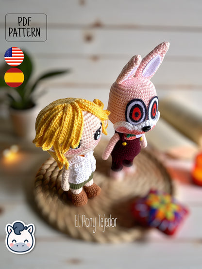 Handmade Heather Mason and Robbie the Rabbit amigurumi inspired by Konami’s Silent Hill, a spooky Halloween crochet pattern PDF.