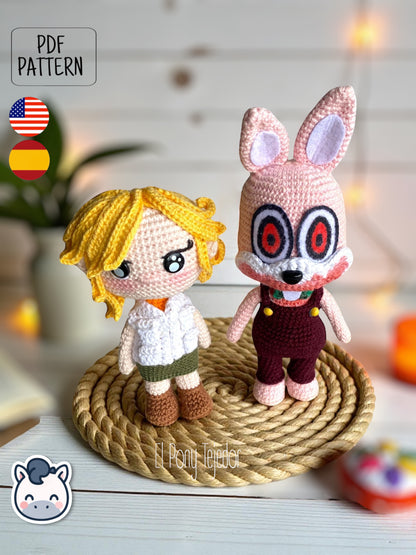 Handmade Heather Mason and Robbie the Rabbit amigurumi inspired by Konami’s Silent Hill, a spooky Halloween crochet pattern PDF.