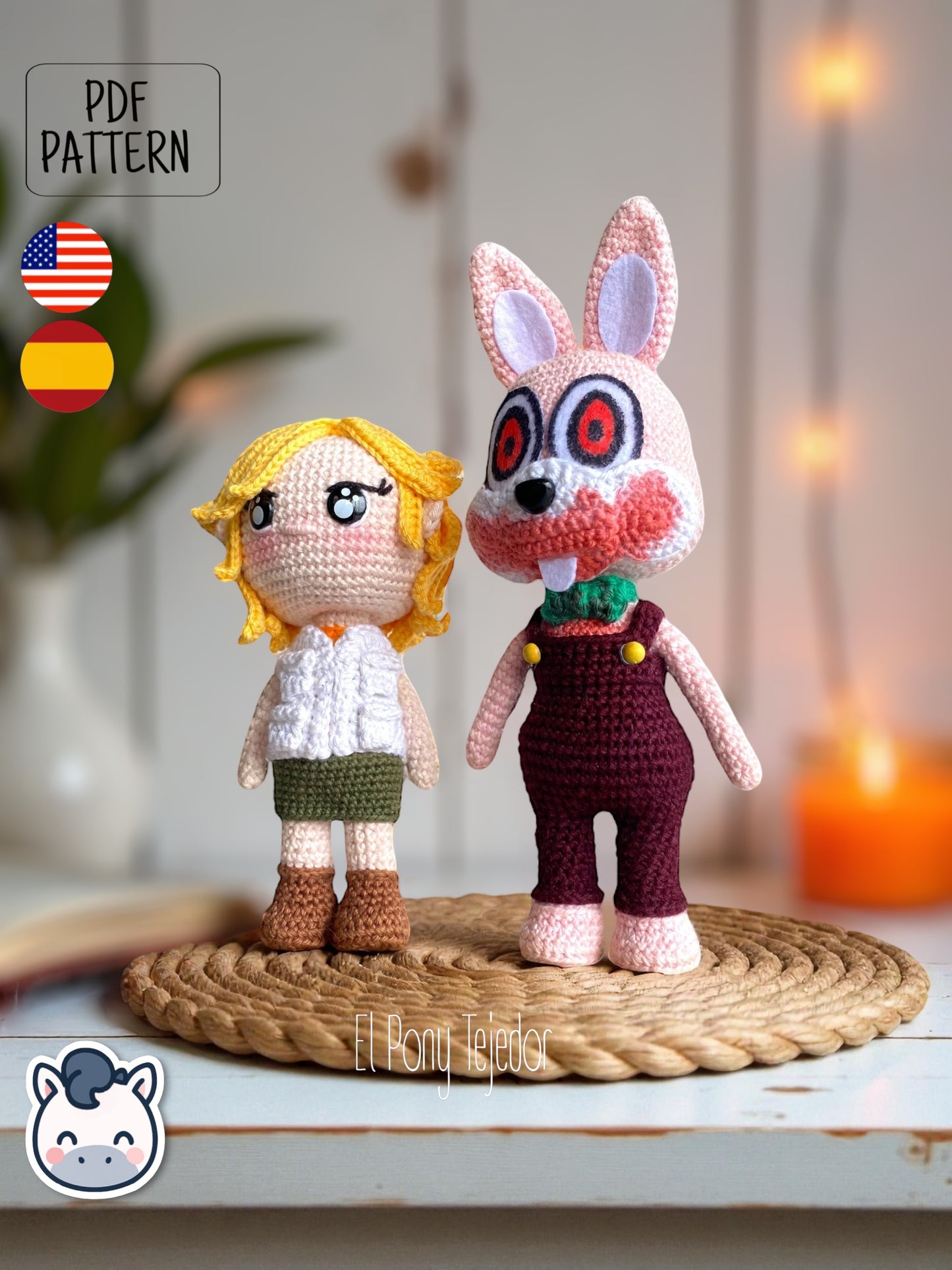 Handmade Heather Mason and Robbie the Rabbit amigurumi inspired by Konami’s Silent Hill, a spooky Halloween crochet pattern PDF.