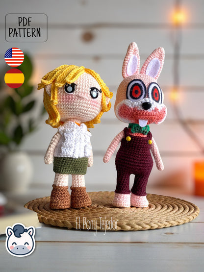 Handmade Heather Mason and Robbie the Rabbit amigurumi inspired by Konami’s Silent Hill, a spooky Halloween crochet pattern PDF.