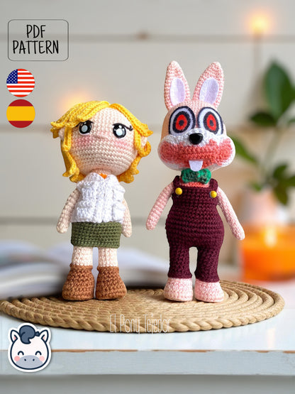 Handmade Heather Mason and Robbie the Rabbit amigurumi inspired by Konami’s Silent Hill, a spooky Halloween crochet pattern PDF.