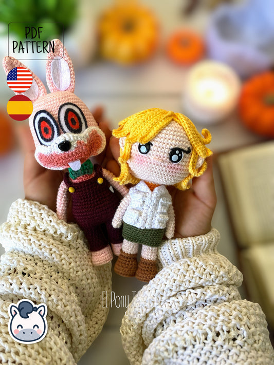Handmade Heather Mason and Robbie the Rabbit amigurumi inspired by Konami’s Silent Hill, a spooky Halloween crochet pattern PDF.