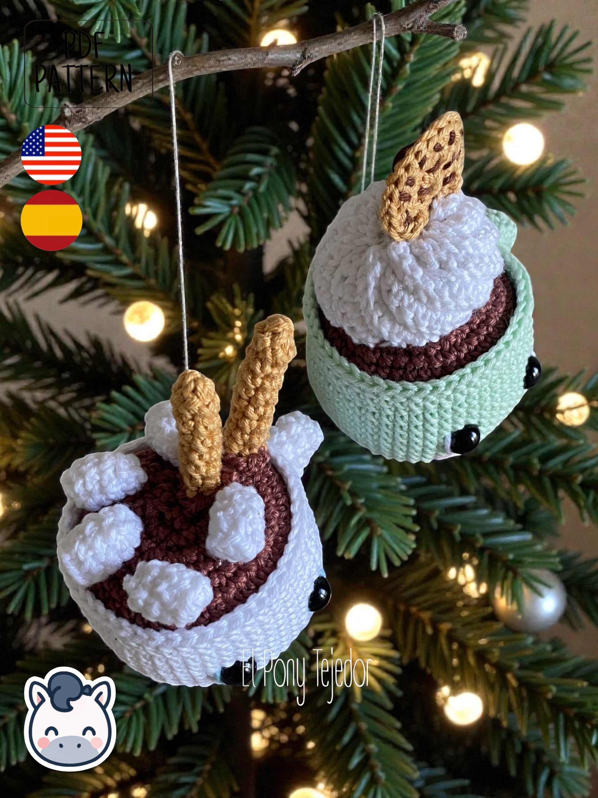 Handmade Hot Chocolate Mugs amigurumi inspired by cozy winter treats, cute Christmas crochet pattern PDF perfect for holiday decoration and gifting.