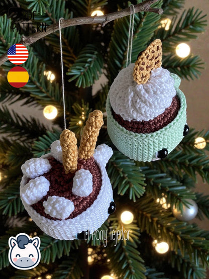 Handmade Hot Chocolate Mugs amigurumi inspired by cozy winter treats, cute Christmas crochet pattern PDF perfect for holiday decoration and gifting.