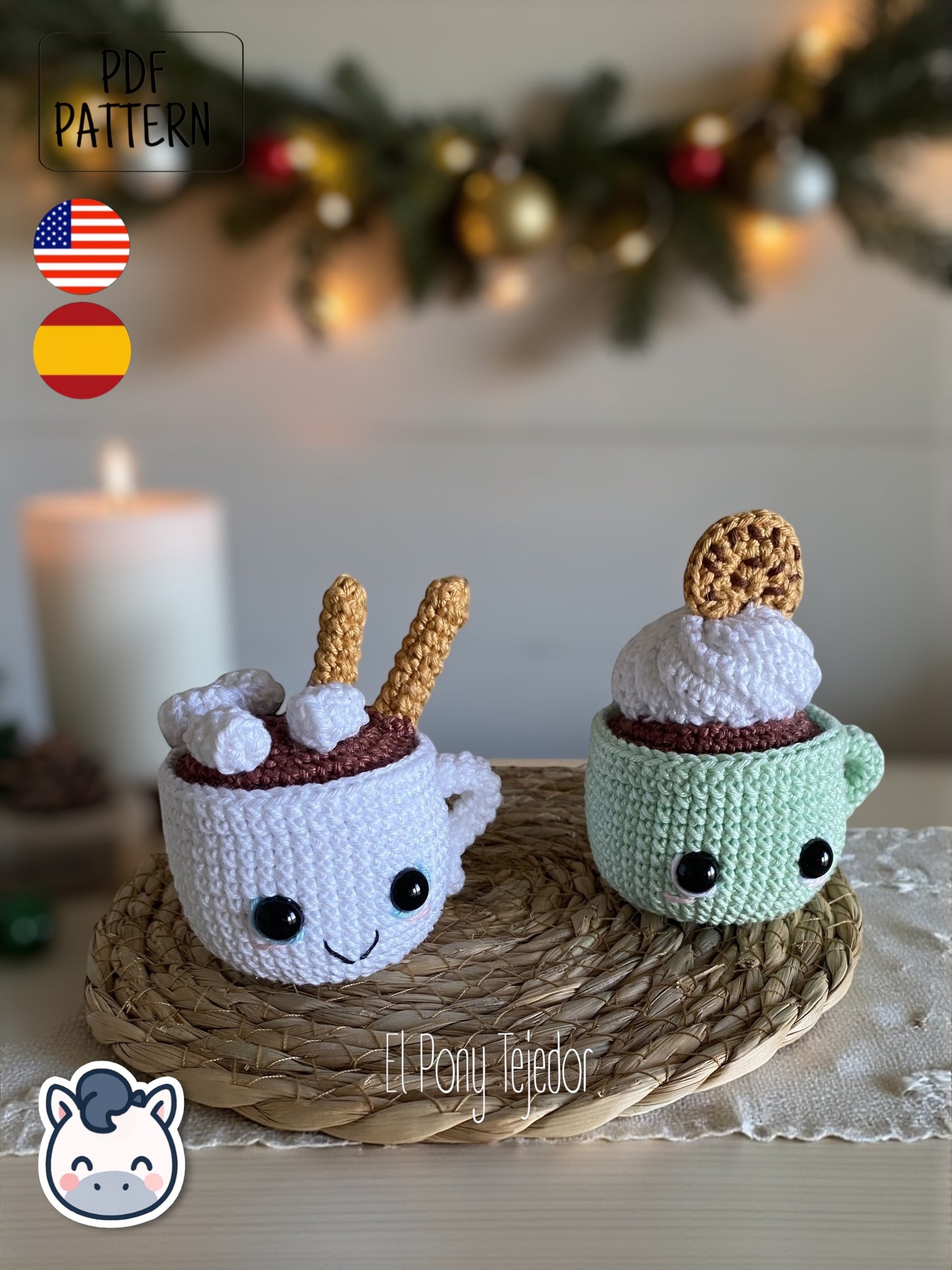 Handmade Hot Chocolate Mugs amigurumi inspired by cozy winter treats, cute Christmas crochet pattern PDF perfect for holiday decoration and gifting.