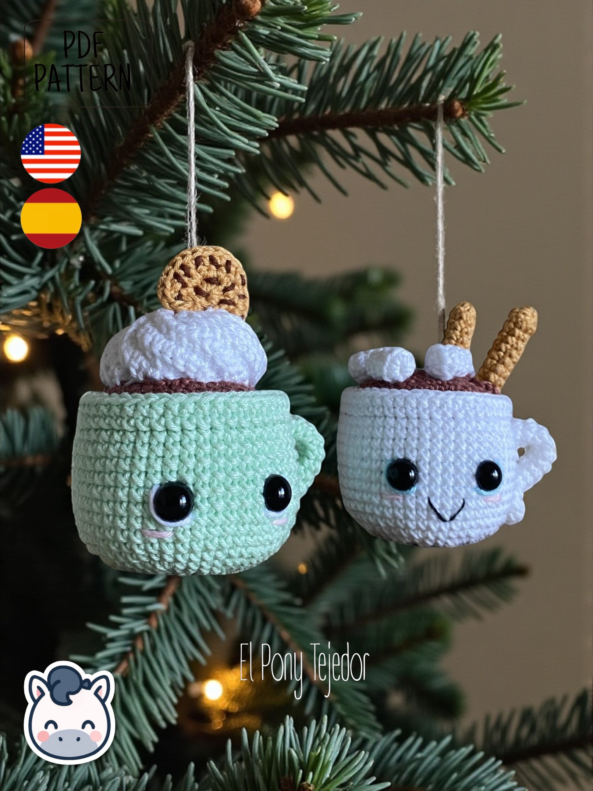 Handmade Hot Chocolate Mugs amigurumi inspired by cozy winter treats, cute Christmas crochet pattern PDF perfect for holiday decoration and gifting.