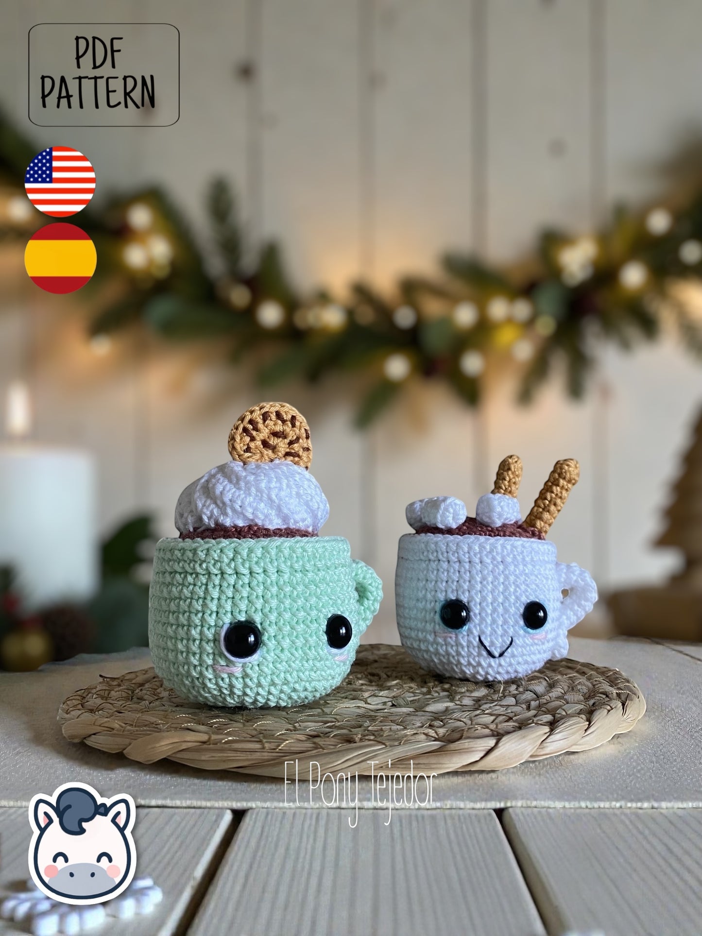 Handmade Hot Chocolate Mugs amigurumi inspired by cozy winter treats, cute Christmas crochet pattern PDF perfect for holiday decoration and gifting.