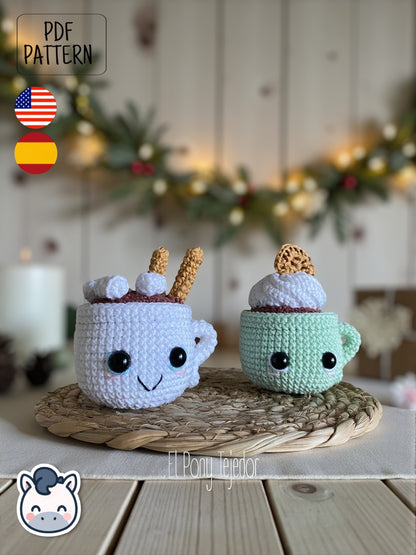 Handmade Hot Chocolate Mugs amigurumi inspired by cozy winter treats, cute Christmas crochet pattern PDF perfect for holiday decoration and gifting.