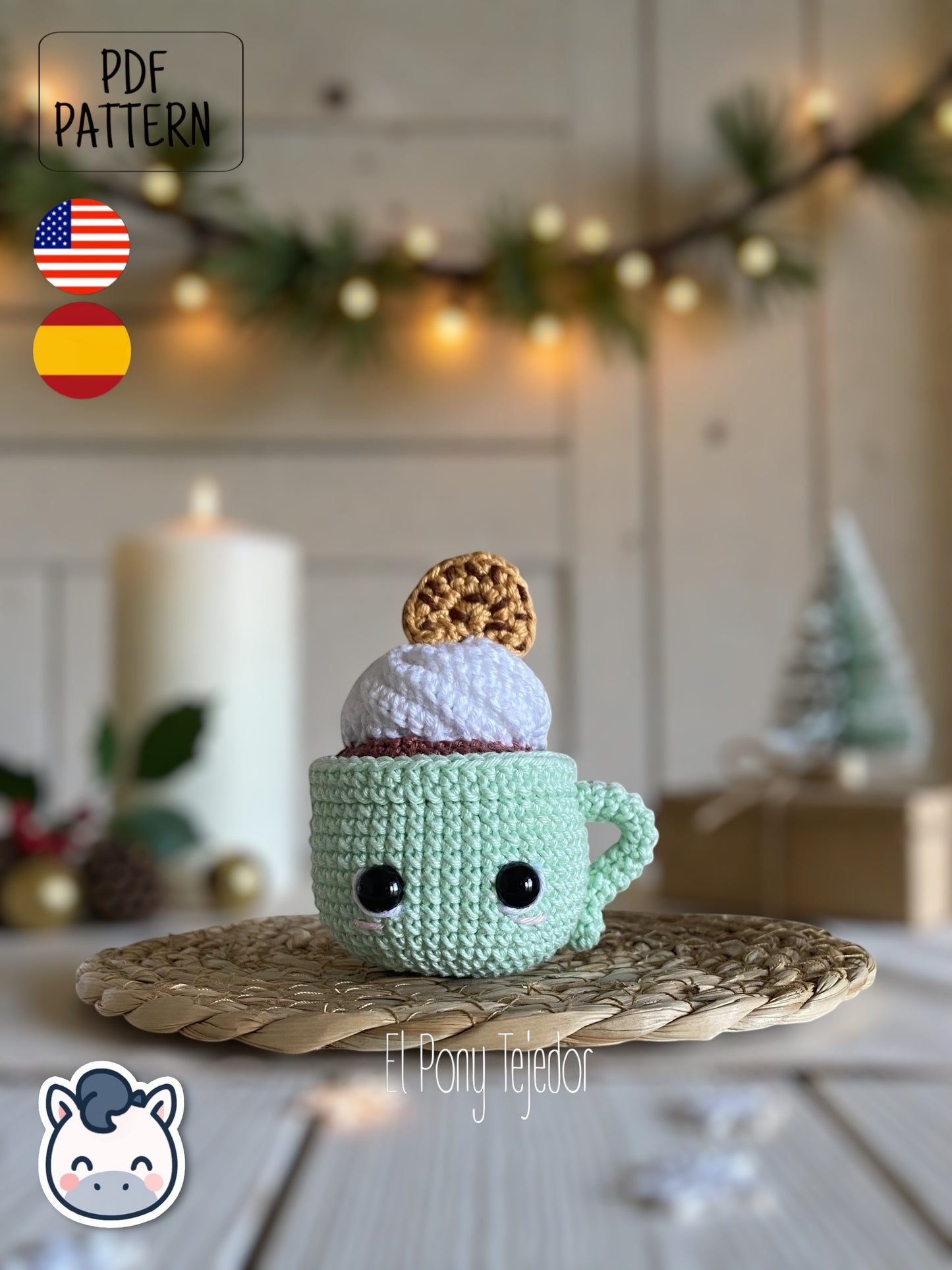 Handmade Hot Chocolate Mugs amigurumi inspired by cozy winter treats, cute Christmas crochet pattern PDF perfect for holiday decoration and gifting.