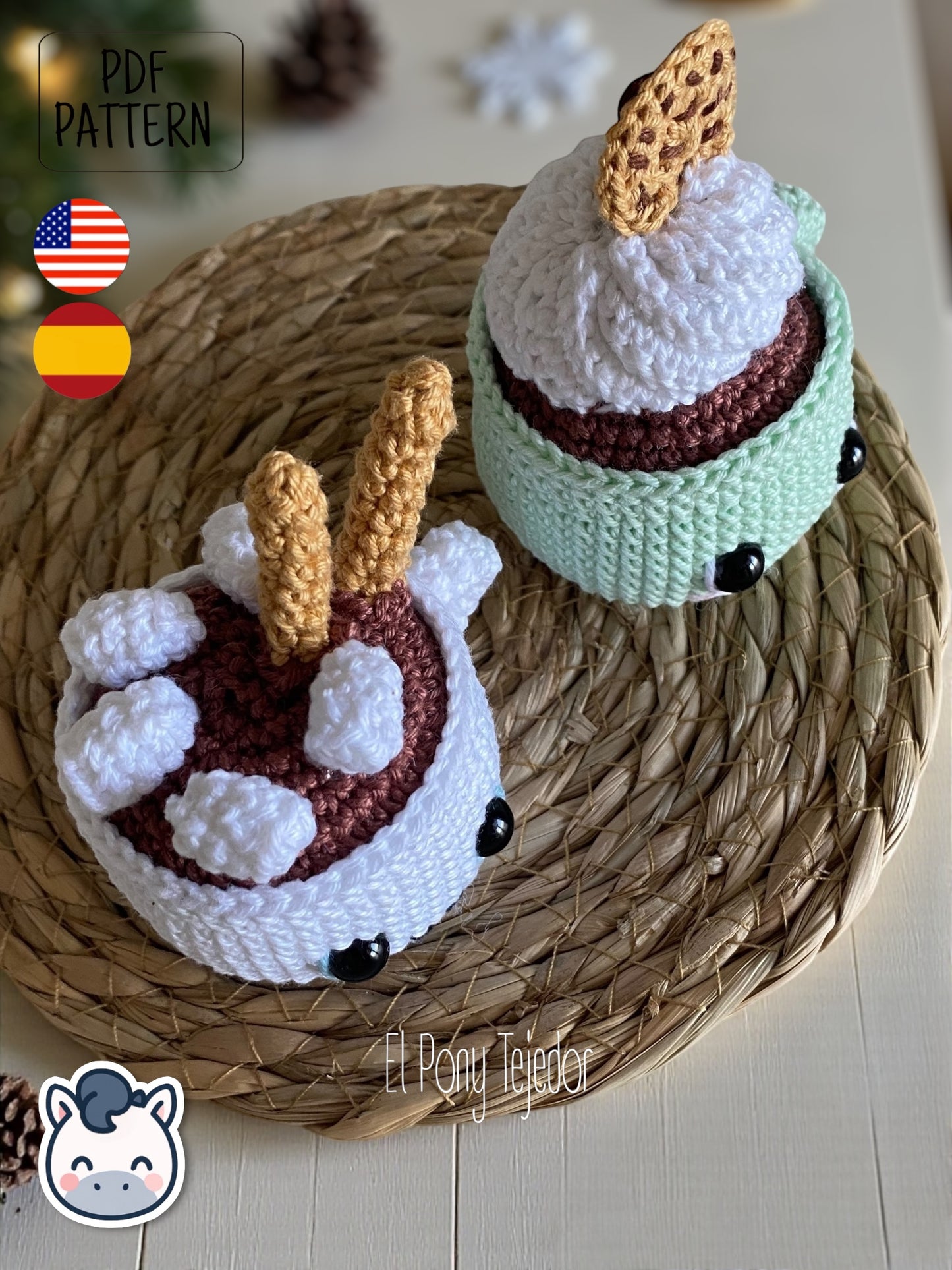 Handmade Hot Chocolate Mugs amigurumi inspired by cozy winter treats, cute Christmas crochet pattern PDF perfect for holiday decoration and gifting.