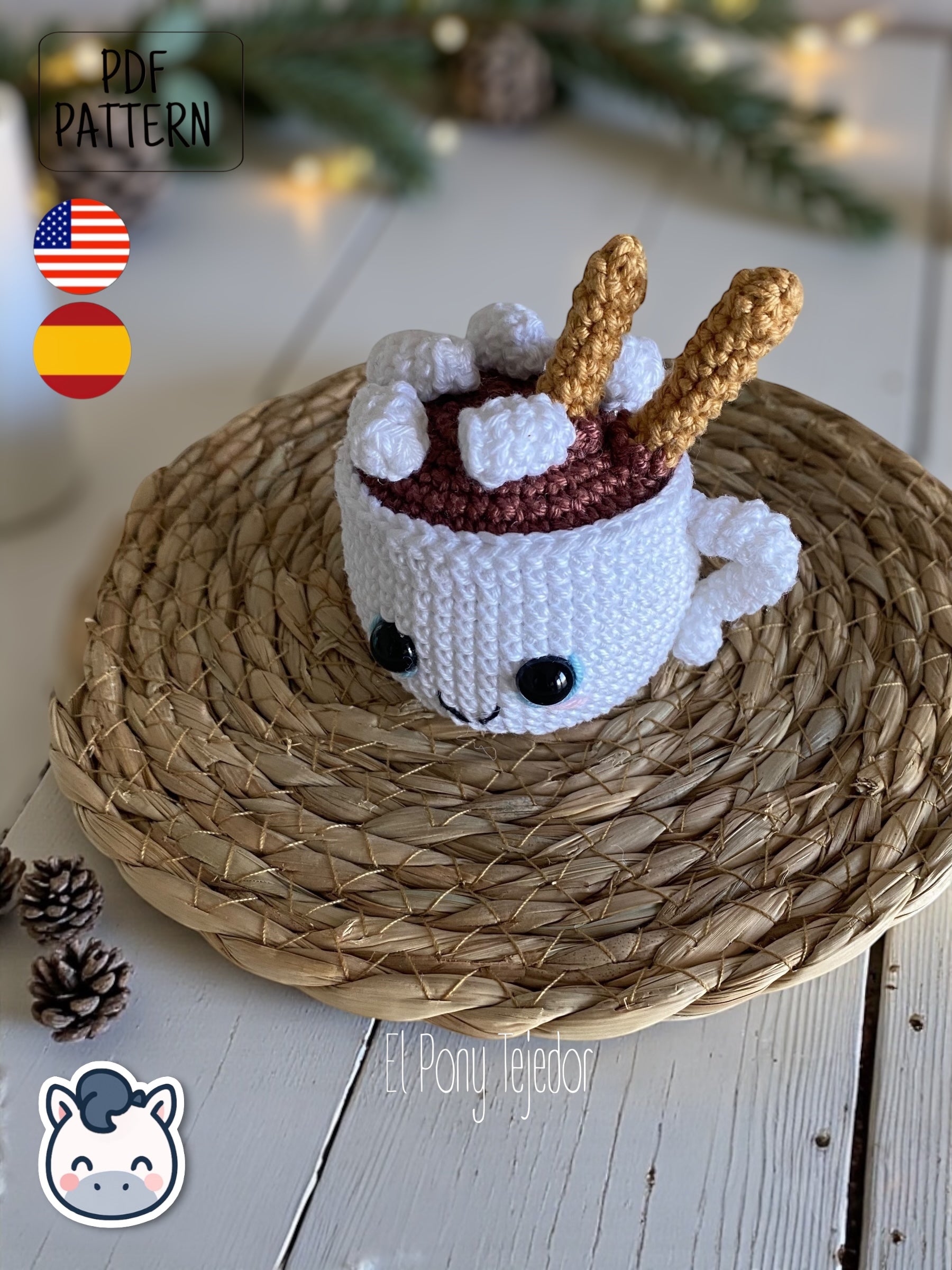 Handmade Hot Chocolate Mugs amigurumi inspired by cozy winter treats, cute Christmas crochet pattern PDF perfect for holiday decoration and gifting.