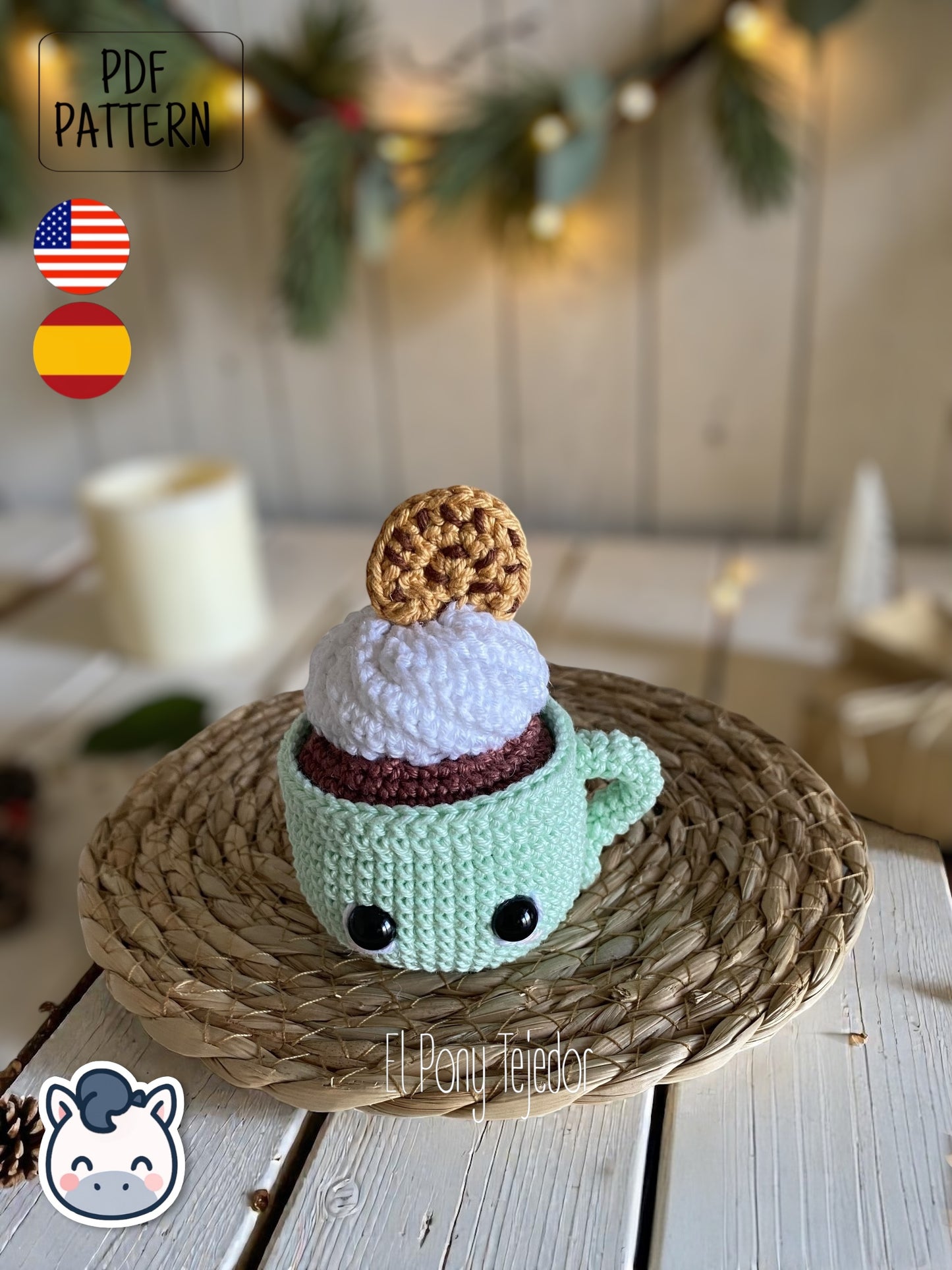 Handmade Hot Chocolate Mugs amigurumi inspired by cozy winter treats, cute Christmas crochet pattern PDF perfect for holiday decoration and gifting.
