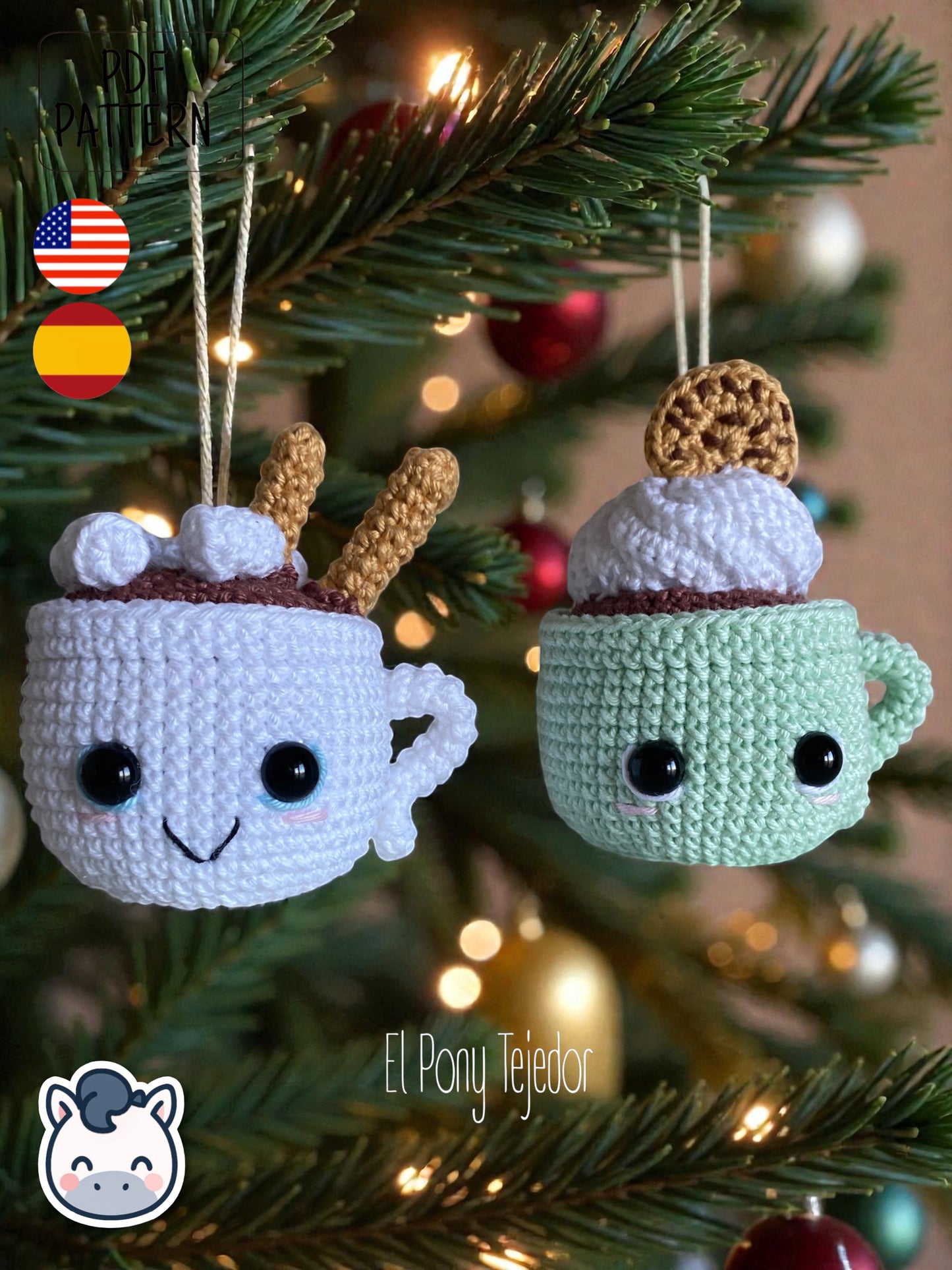 Handmade Hot Chocolate Mugs amigurumi inspired by cozy winter treats, cute Christmas crochet pattern PDF perfect for holiday decoration and gifting.