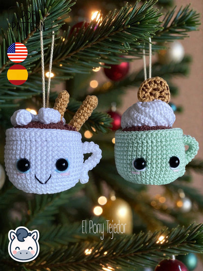 Handmade Hot Chocolate Mugs amigurumi inspired by cozy winter treats, cute Christmas crochet pattern PDF perfect for holiday decoration and gifting.