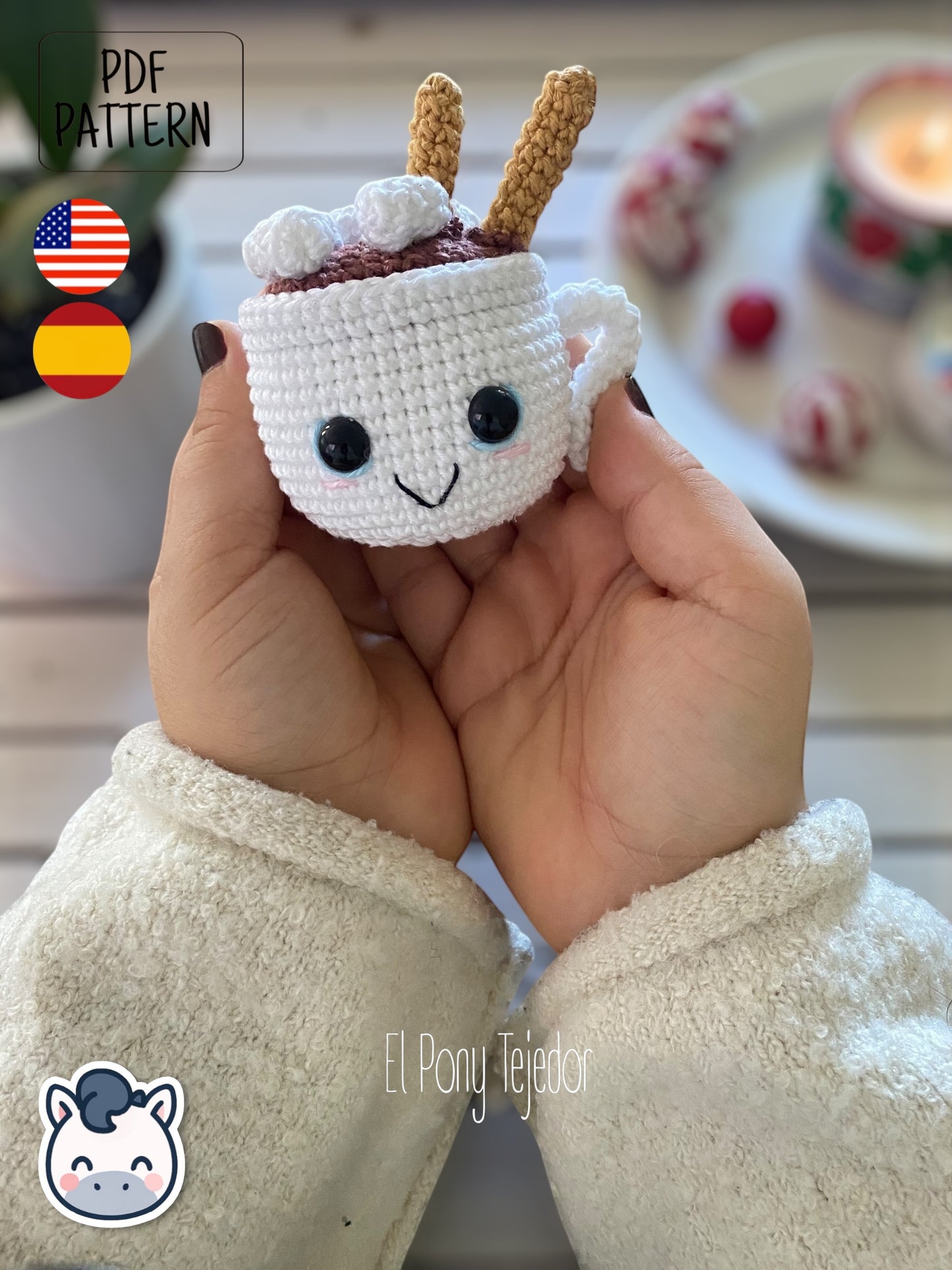 Handmade Hot Chocolate Mugs amigurumi inspired by cozy winter treats, cute Christmas crochet pattern PDF perfect for holiday decoration and gifting.