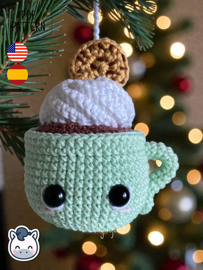 Handmade Hot Chocolate Mugs amigurumi inspired by cozy winter treats, cute Christmas crochet pattern PDF perfect for holiday decoration and gifting.