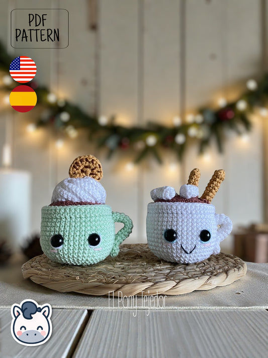 Handmade Hot Chocolate Mugs amigurumi inspired by cozy winter treats, cute Christmas crochet pattern PDF perfect for holiday decoration and gifting.