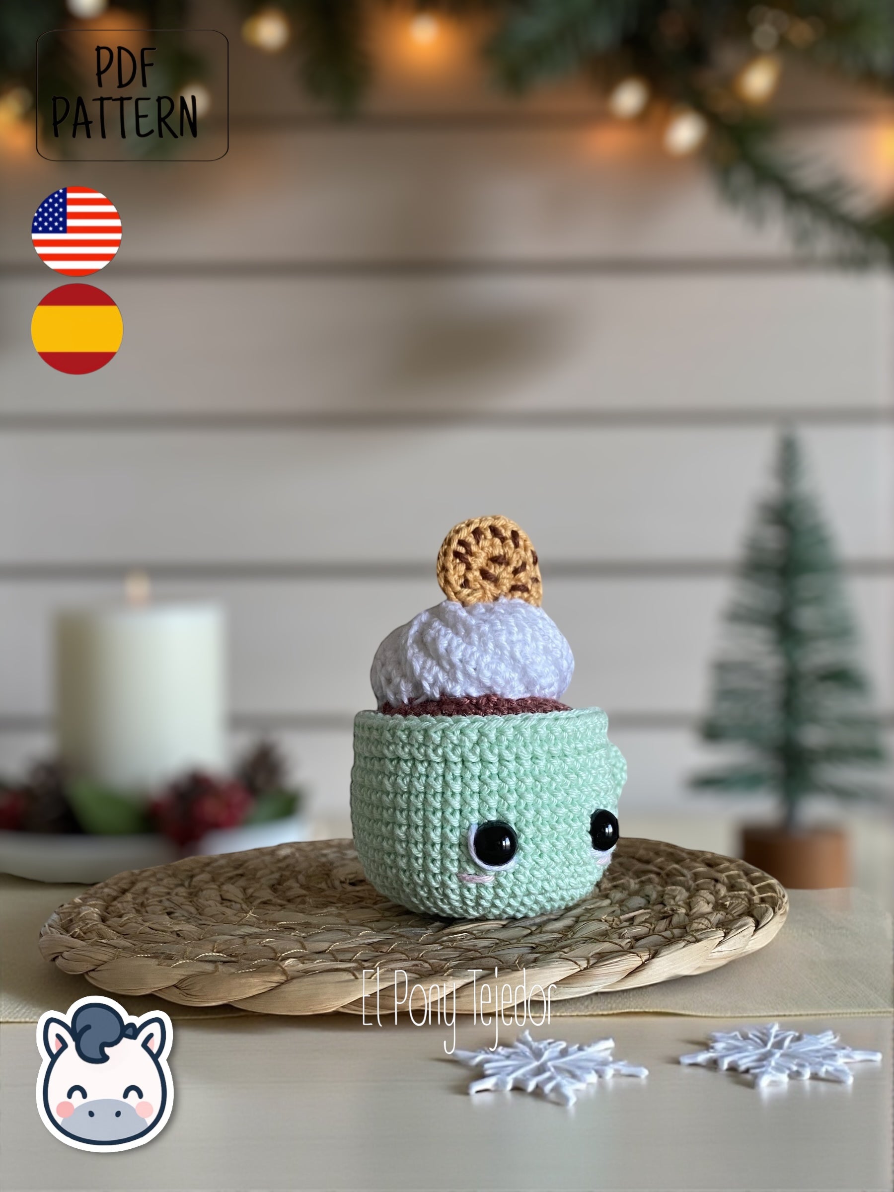 Handmade Hot Chocolate Mugs amigurumi inspired by cozy winter treats, cute Christmas crochet pattern PDF perfect for holiday decoration and gifting.