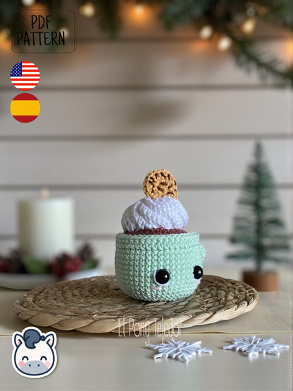 Handmade Hot Chocolate Mugs amigurumi inspired by cozy winter treats, cute Christmas crochet pattern PDF perfect for holiday decoration and gifting.