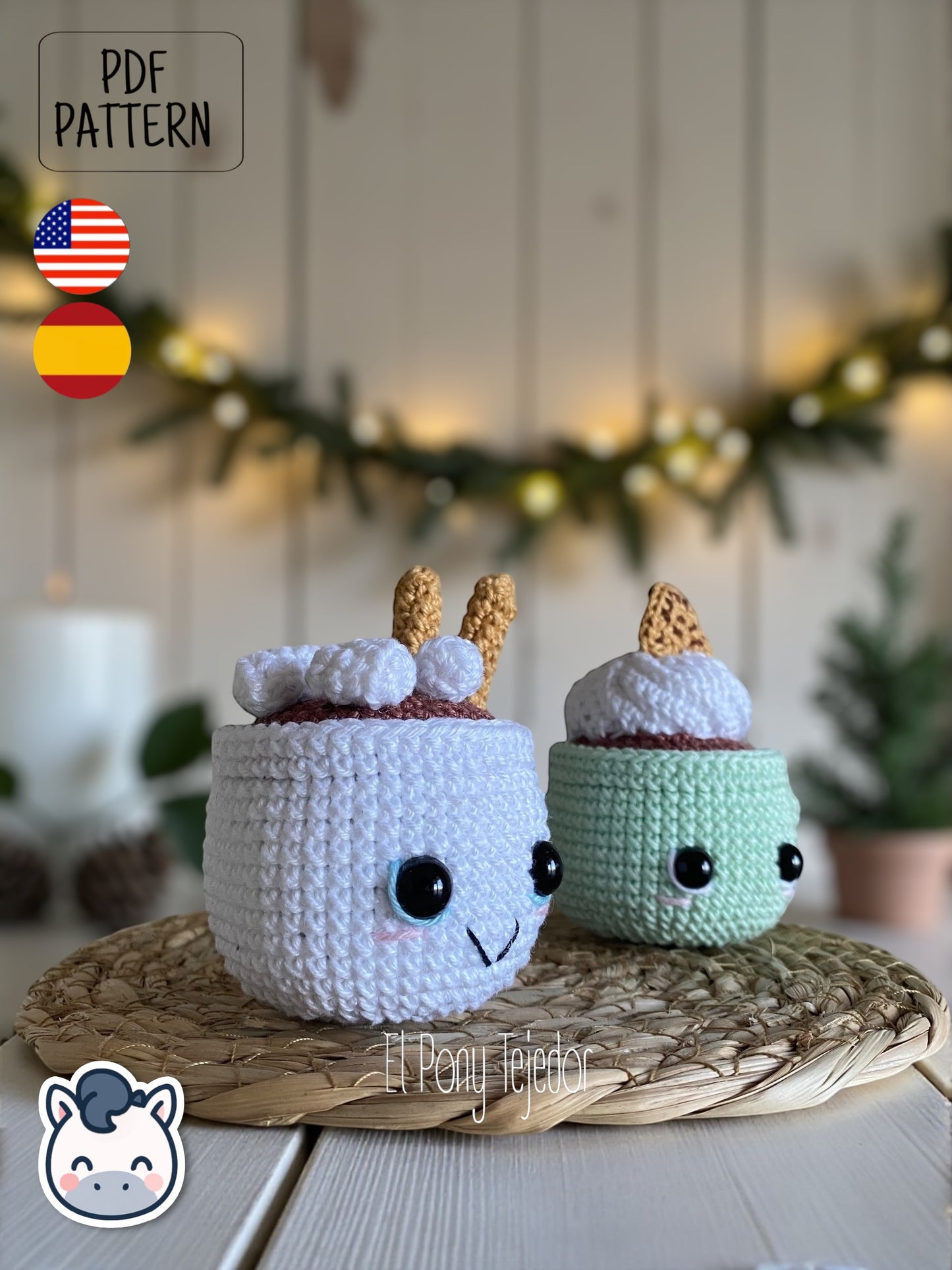 Handmade Hot Chocolate Mugs amigurumi inspired by cozy winter treats, cute Christmas crochet pattern PDF perfect for holiday decoration and gifting.