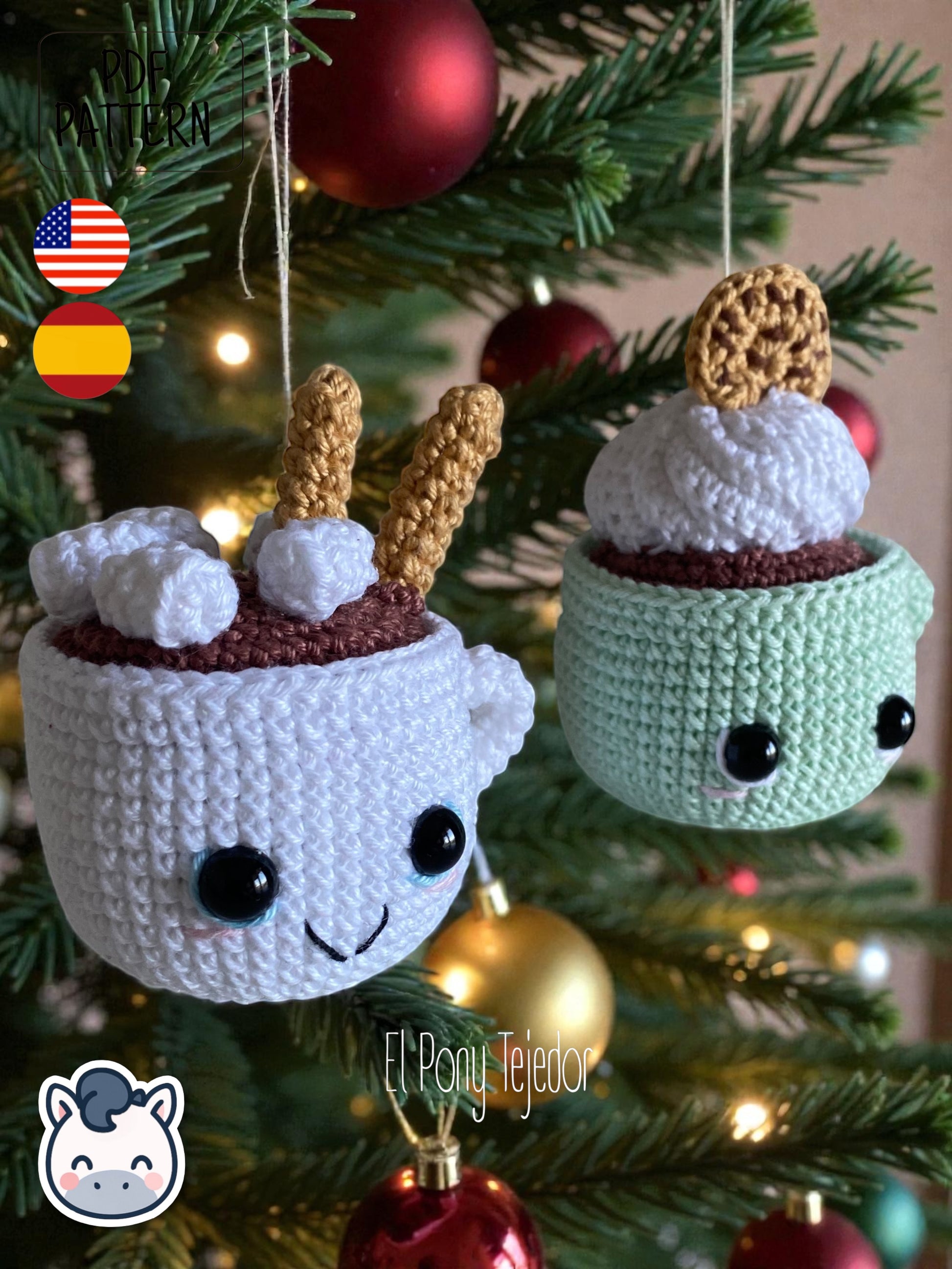 Handmade Hot Chocolate Mugs amigurumi inspired by cozy winter treats, cute Christmas crochet pattern PDF perfect for holiday decoration and gifting.