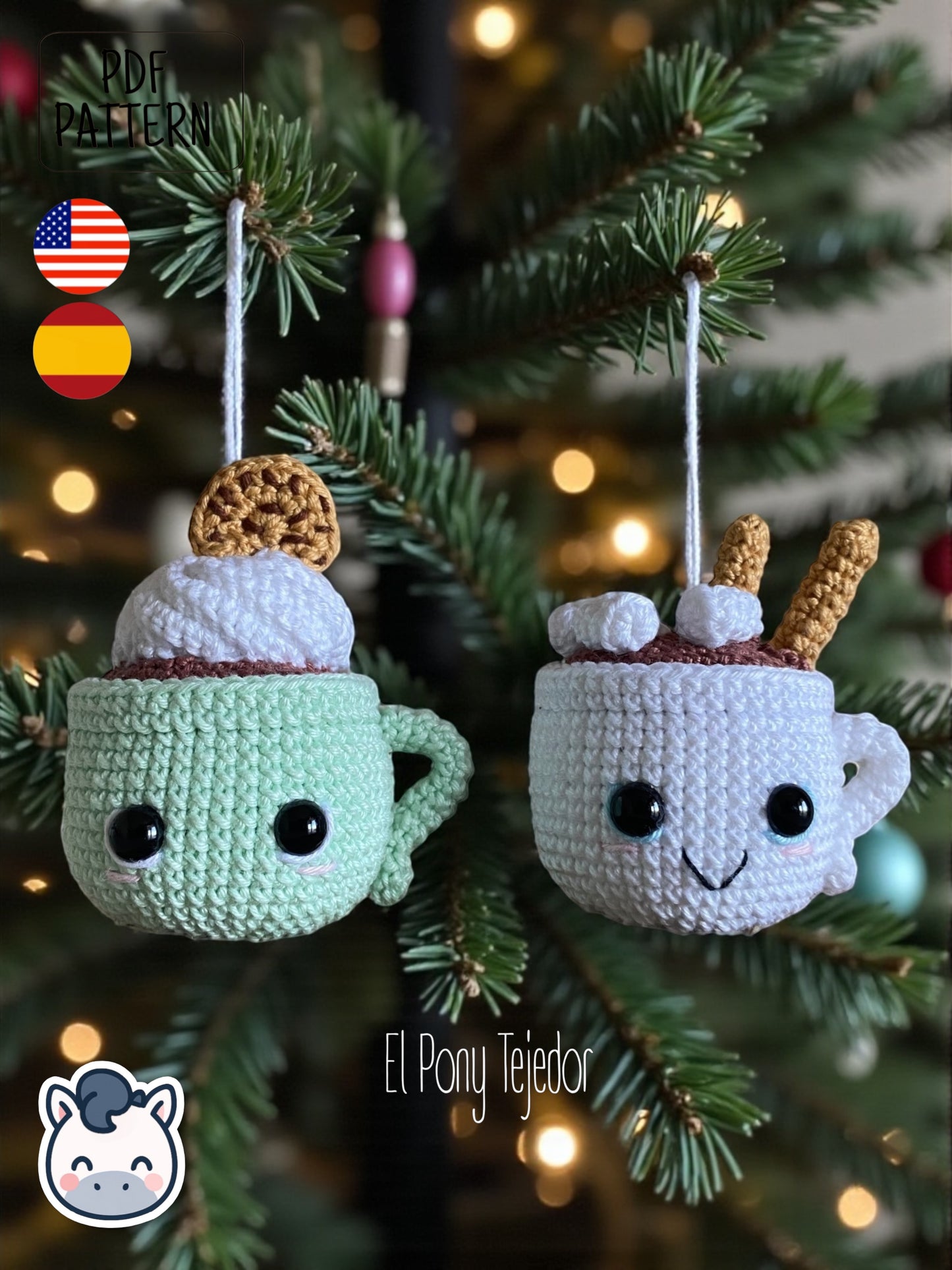 Handmade Hot Chocolate Mugs amigurumi inspired by cozy winter treats, cute Christmas crochet pattern PDF perfect for holiday decoration and gifting.