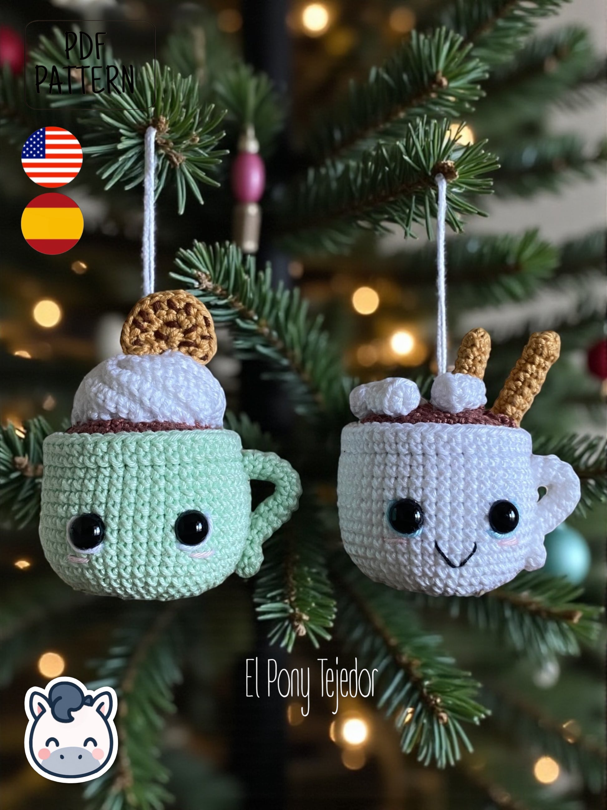 Handmade Hot Chocolate Mugs amigurumi inspired by cozy winter treats, cute Christmas crochet pattern PDF perfect for holiday decoration and gifting.