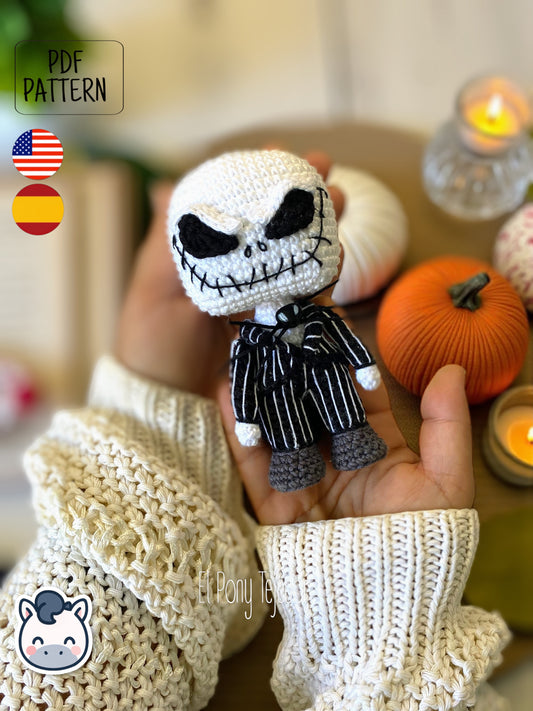 Handmade Jack Skellington amigurumi inspired by Tim Burton’s The Nightmare Before Christmas, spooky Halloween crochet pattern PDF.