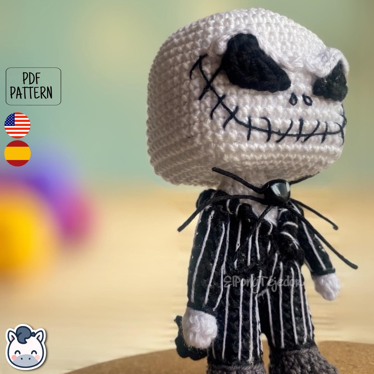 Handmade Jack Skellington amigurumi inspired by Tim Burton’s The Nightmare Before Christmas, spooky Halloween crochet pattern PDF.