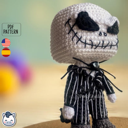 Handmade Jack Skellington amigurumi inspired by Tim Burton’s The Nightmare Before Christmas, spooky Halloween crochet pattern PDF.