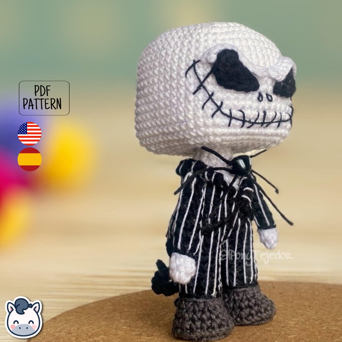 Handmade Jack Skellington amigurumi inspired by Tim Burton’s The Nightmare Before Christmas, spooky Halloween crochet pattern PDF.
