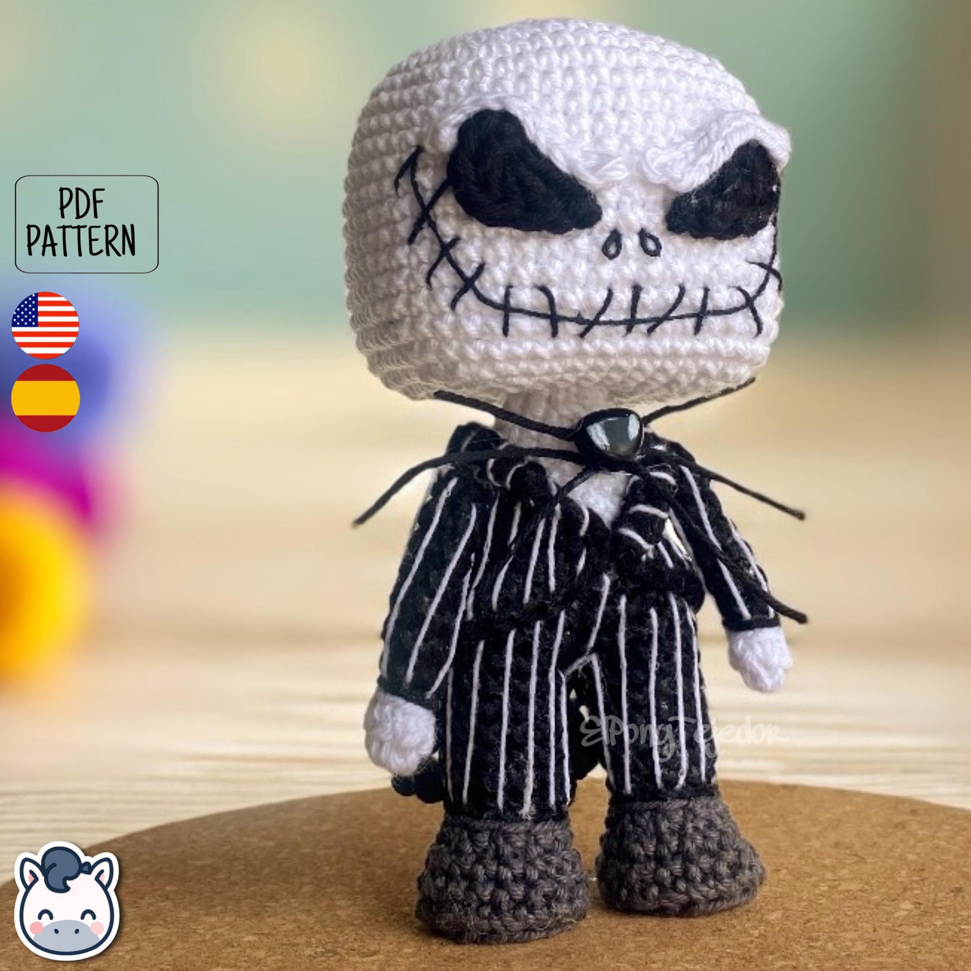 Handmade Jack Skellington amigurumi inspired by Tim Burton’s The Nightmare Before Christmas, spooky Halloween crochet pattern PDF.