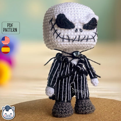Handmade Jack Skellington amigurumi inspired by Tim Burton’s The Nightmare Before Christmas, spooky Halloween crochet pattern PDF.