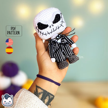 Handmade Jack Skellington amigurumi inspired by Tim Burton’s The Nightmare Before Christmas, spooky Halloween crochet pattern PDF.
