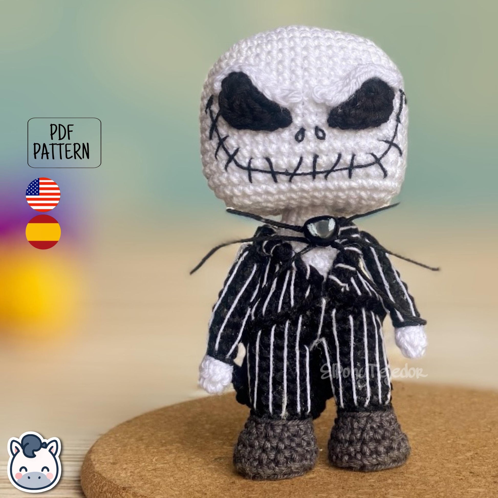 Handmade Jack Skellington amigurumi inspired by Tim Burton’s The Nightmare Before Christmas, spooky Halloween crochet pattern PDF.