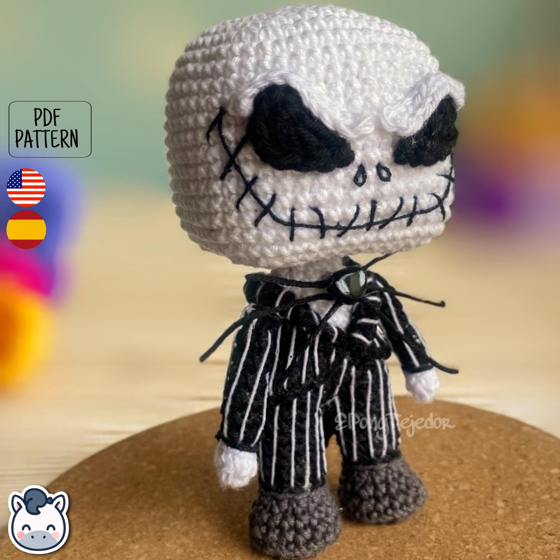 Handmade Jack Skellington amigurumi inspired by Tim Burton’s The Nightmare Before Christmas, spooky Halloween crochet pattern PDF.