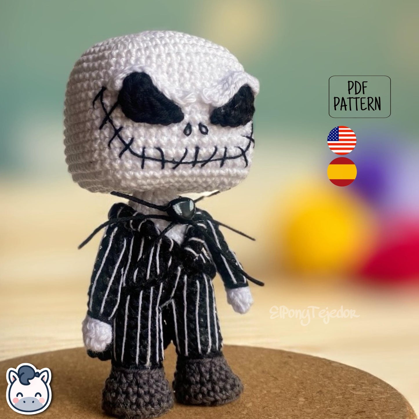 Handmade Jack Skellington amigurumi inspired by Tim Burton’s The Nightmare Before Christmas, spooky Halloween crochet pattern PDF.
